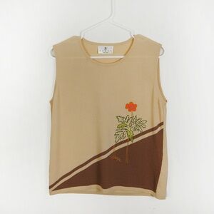 Vintage 90s DANKE Berlin Sleeveless Floral Beaded Embroided Tan Beige Tank Top
